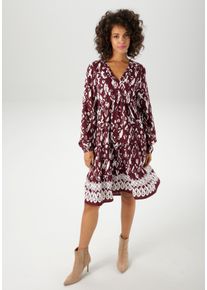 Tunikakleid Aniston CASUAL, Damen, Gr. 40, N-Gr, rot (bordeaux, wei&szlig;, taupe), Web, Obermaterial: 100% Viskose, bedruckt, gemustert, figurumspielend kniefrei, V-Ausschnitt, elastischer Bund mit Gummizug, Kleider Tunikakleid, mit kunstvollem Druck und Bord&uuml;re am Saum