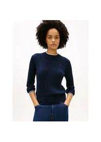 Rundhalspullover Tommy Hilfiger "CO CABLE C-NK LS SWEATER", Damen, Gr. S (36), schwarz n navy tipping, Strick, Obermaterial: 100% Baumwolle, unifarben, regular fit h&uuml;ftlang, Rundhals, Rippstrickb&uuml;ndchen, Pullover Rundhalspullover, Baumwolle, mit Zopfmuster, Regular Fit