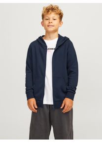 Jack & Jones Sweatjacke JACK & JONES JUNIOR "JJEBRADLEY kombinierbar, mit Kapuze, pflegeleicht", Jungen, Gr. 128, blau (navy blazer), angeraute Sweatware, Obermaterial: 61% Polyester, 39% Baumwolle, unifarben, Basic, regular fit normal, ohne Ausschnitt, eingesetzt Rippb&uuml;ndchen, Sweatjacken Sweatjacke, unifarben, casual, regular fit, Sweatware, Kapuze
