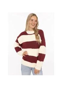Strickpullover Zwillingsherz "Blockstreifen", Damen, Gr. L/XL, rot (bordeaux), Strick, Obermaterial: 77% Polyester, 11% Nylon, 8% Wolle, 4% Elasthan, h&uuml;ftbedeckend, Rundhals, Pullover Strickpullover, Rundhalsausschnitt, mit breiten Streifen und Wollanteil