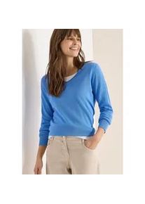 Strickpullover Cecil, Damen, Gr. L (42), fountain blau, Strick, Obermaterial: 60% Baumwolle, 40% Viskose, unifarben, normal h&uuml;ftbedeckend, V-Ausschnitt, Flachstrickb&uuml;ndchen, Pullover Strickpullover, mit V-Ausschnitt