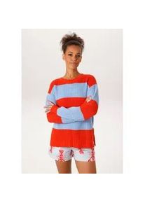 Strickpullover Aniston CASUAL, Damen, Gr. 38, orangerot, t&uuml;rkis, Grobstrick, Obermaterial: 100% Polyacryl, colorblocking, geringelt, gestreift, oversize h&uuml;ftlang, Rundhals, Strickb&uuml;ndchen, Pullover Strickpullover, im Colorblocking mit breiten Streifen - NEUE KOLLEKTION