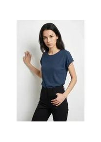 V&eacute;ro Moda Kurzarmpullover VERO MODA "VMBRIANNA SS O-NECK PULLOVER BOO REP", Damen, Gr. S, schwarz denim detail:with china blau melange, Feinstrick, Obermaterial: 58% Viskose, 38% Polyester, 4% Elasthan, meliert, unifarben, normal normal, Rundhals, angeschnitten,mit Umschlag, Pullover, mit &uuml;berschnittenen Schultern mit Umschlagsaum