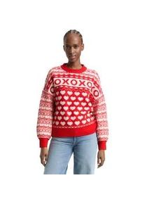 Strickpullover Tom Tailor DENIM, Damen, Gr. L, rot wei&szlig;, Strick, Obermaterial: 62% Polyacryl, 25% Polyester, 10% Baumwolle, 3% Elasthan, bedruckt, bequem h&uuml;ftbedeckend, Rundhals, Flachstrickb&uuml;ndchen, Pullover Strickpullover, mit Allover-Muster
