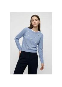 V&eacute;ro Moda Wollpullover VERO MODA "VMFIORELLA EMB LS O-NECK SHORT PULL BOO", Damen, Gr. S, brunnera blau detail:melange with embroidery, Strick, Obermaterial: 79% Polyester, 13% Polyacryl, 5% Wolle, 3% Elasthan, bestickt, meliert, regular fit normal, Rundhals, Strickb&uuml;ndchen, Pullover, mit Blumenstickerei