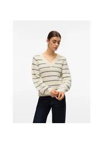 V&eacute;ro Moda V-Ausschnitt-Pullover VERO MODA "VMAWESOME SHINE LS V-NCK STRIPE PULL BOO", Damen, Gr. L, birch detail:mgm, silber lurex, Strick, Obermaterial: 55% Polyester, 17% Viskose, 16% Nylon, 6% Wolle, 5% metallisierte Fasern, 1% Elasthan, gestreift, regular fit, V-Ausschnitt, Rippstrickb&uuml;ndchen, Pullover, mit Glitzer-Effekt
