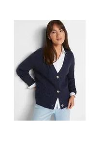 Strickjacke bonprix, Damen, Gr. 48/50 (XL), blau (dunkelblau), Strick, Obermaterial: 100% Polyacryl, unifarben, loose fit normal, V-Ausschnitt, gerader Abschluss, Strickjacken Strickjacke, lockere Passform, Ripp-Optik, unifarben, mit 3-Knopf-Verschluss