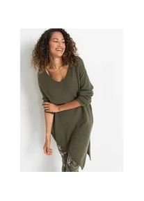 Strickpullover bonprix "Asymmetrischer Pullover", Damen, Gr. 44/46 (L), gr&uuml;n (dunkeloliv), Obermaterial: 48% Baumwolle, 31% Polyacryl, 18% Polyamid, 3% Elasthan, oversize, Pullover Strickpullover, aus Baumwolle, Polyacryl, Polyamid und Elasthan, Oversize Passform