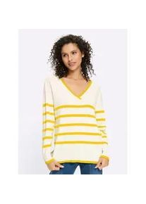 V-Ausschnitt-Pullover Heine "Pullover", Damen, Gr. 36, sonnengelb, ecru, geringelt, 70% Viskose, 30% Polyamid, gemustert, gestreift, Pullover