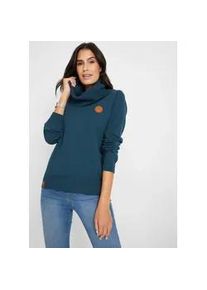 Strickpullover bonprix "Feinstrickpullover mit weitem Kragen", Damen, Gr. 44/46 (L), blau (dunkelblau), Strick, Obermaterial: 70% Baumwolle, 30% Polyamid, unifarben, bequem normal, ohne Ausschnitt, Rippb&uuml;ndchen, Pullover Strickpullover, aus Baumwollmischung, weiter Rollkragen, mit kleinen Leder-Details