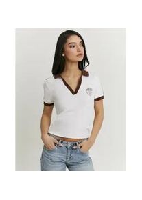 Poloshirt Tally Weijl "STSCOMITSKI", Damen, Gr. L, wei&szlig;, Jersey, Obermaterial: 96% Baumwolle, 4% Elasthan, bedruckt, figurbetont taillenlang, V-Ausschnitt, Shirts, Baumwollmischung, Poloshirt, verk&uuml;rzt geschnitten