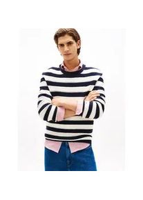 Rundhalspullover Tommy Hilfiger "CROCHET BLOCK STRIPE CREW NECK", Damen, Gr. XXL, desert sky, ivory petal, Strick, Obermaterial: 100% Baumwolle, relaxed fit, Rundhals, Pullover Rundhalspullover, Gestreifter Relaxed Fit H&auml;kelpullover