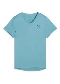 Trainingsshirt Puma "W TAD ESSENTIAL VNECK TEE", Damen, Gr. S, baltic sea blau, Jersey, Obermaterial: 100% Polyester, regular fit normal, V-Ausschnitt, Shirts, Kurzarm, mit V-Ausschnitt, f&uuml;r Sportmode und aktive Workouts