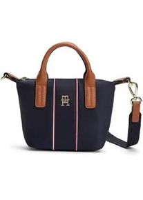 Tragetasche Tommy Hilfiger "POPETTE MICRO TOTE CORP", Gr. B/H/T: 27cm x 16cm x 8cm, dunkelblau, Leder, Nylon, Taschen, Damen Handtasche, Umh&auml;ngetasche, Schultertasche mit TH-Schmuckelement