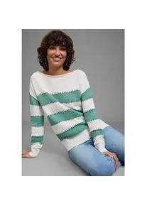 Streifenpullover Laura Scott, Damen, Gr. 40/42, wei&szlig; mint gestreift, Strick, Obermaterial: 50% Baumwolle, 50% Polyacryl, gestreift, figurumspielend h&uuml;ftlang, U-Boot-Ausschnitt, Rippb&uuml;ndchen, Pullover Streifenpullover, leichter Sommerpullover mit modernem Lochmuster