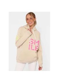 Hoodie Zwillingsherz "Alissa", Damen, Gr. XXL/XXXL, beige, Sweatware, Obermaterial: 50% Baumwolle, 50% Polyester, unifarben mit Farbeins&auml;tzen, normal h&uuml;ftlang, hoch geschlossener Ausschnitt, B&uuml;ndchen, Sweatshirts Hoodie, Langarm, Kapuze, Neon-Details, Kordelzug, Frontprint, K&auml;ngurutasche