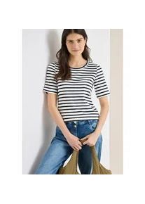 Rundhalsshirt Cecil, Damen, Gr. L (42), universal blau, Jersey, Obermaterial: 95% Baumwolle, 5% Elasthan, gestreift, normal h&uuml;ftbedeckend, Rundhals, Shirts Rundhalsshirt, in Streifen-Optik