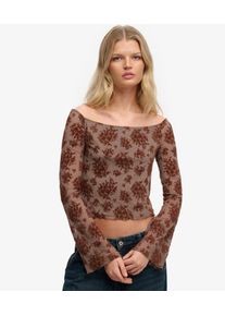 Superdry Damen Langarmshirt aus Mesh mit Flockdruck Brown - Gr&ouml;&szlig;e: 34 2103025000419L3B028