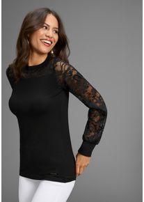 Spitzenshirt Laura Scott, Damen, Gr. 34, schwarz, Jersey, Obermaterial: 95% Viskose, 5% Elasthan. Spitze: 90% Polyamid, 10% Elasthan, leicht transparent, unifarben, figurbetont h&uuml;ftbedeckend, U-Boot-Ausschnitt, angesetztes B&uuml;ndchen, Shirts Spitzenshirt, mit edler Spitze in &Auml;rmel und Ausschnitt