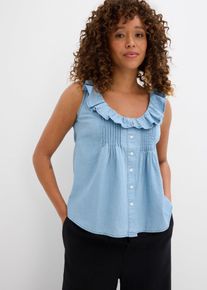 bonprix Jeans-Blusentop aus Bio-Baumwolle, blau, Gr.36, Jeans Blusentop aus Bio-Baumwolle mit R&uuml;schen, 100% Baumwolle (organic)