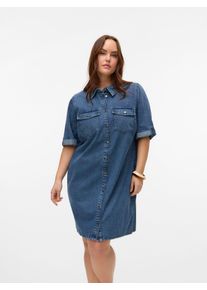 Jeanskleid Vero Moda CURVE "VMCJENNIE SS SHORT DENIM DRESS GA CUR", Damen, Gr. 50, N-Gr, medium blau denim, Denim/Jeans, Obermaterial: 90% Baumwolle, 10% Viskose, unifarben, regular fit kurz, mit Umschlag, Kleider Jeanskleid