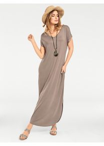 Shirtkleid Heine "Shirtkleid", Damen, Gr. 50, Normalgr&ouml;&szlig;en, beige (sand), 95% Viskose, 5% Elasthan, unifarben, lang, V-Ausschnitt, Kleider Shirtkleid