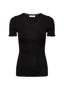 Spitzenshirt rosemunde "Beatha lace t-shirt", Damen, Gr. L, schwarz, Feinstrick, Obermaterial: 55% Seide, 45% Baumwolle, unifarben, eng h&uuml;ftbedeckend, Rundhals, gewellter Abschluss, Shirts, wundersch&ouml;nes Halbarmshirt mit edler Spitze am Rundhalsausschnitt