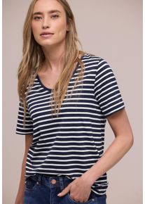 Kurzarmshirt Street One "Style Gerda", Damen, Gr. 46, shadowed navy, Jersey, Obermaterial: 50% Baumwolle, 50% Modal, geringelt, gestreift, normal h&uuml;ftbedeckend, Rundhals, Shirts Kurzarmshirt, im Streifen-Look und mit Rundhals