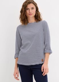 Langarmshirt bonprix "Langarmshirt aus reiner Baumwolle", Damen, Gr. 52/54 (XXL), dunkelblau, wei&szlig; gestreift, Web, Obermaterial: 100% Baumwolle, bequem normal, U-Boot-Ausschnitt, Aufschlag, Shirts Langarmshirt, bequeme Passform, Langarm, f&uuml;r Alltag, aus reiner Baumwolle