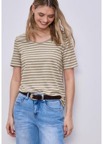 Kurzarmshirt Street One "Style Gerda", Damen, Gr. 34, safari beige, Jersey, Obermaterial: 50% Baumwolle, 50% Modal, geringelt, gestreift, normal h&uuml;ftbedeckend, Rundhals, Shirts Kurzarmshirt, im Streifen-Look und mit Rundhals