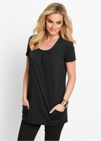 Longshirt bonprix, Damen, Gr. 56/58 (XXXL), schwarz, Jersey, Obermaterial: 64% Polyester, 32% Viskose, 4% Elasthan, unifarben, figurumspielend Po-bedeckend, Rundhals, Shirts Longshirt, figurumspielende Passform, Kurzarm, mit Eingriffstaschen