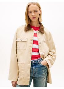 Langjacke Tommy Jeans "TJW OVS DISTRESSED CHORE JACKET", Damen, Gr. L (40), wei&szlig; clay, Denim/Jeans, Obermaterial: 100% Baumwolle, unifarben, oversize Po-bedeckend, mit Knopf, Jacken Langjacke, mit farblich abgesetztem Umlegekragen, Oversized Fit