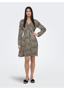 Druckkleid Only "ONLEVIDA L/S SHORT DRESS WVN NOOS", Damen, Gr. XL, N-Gr, pumice stone aop:alma heart leo, Web, Obermaterial: 100% Viskose, bedruckt, regular fit kniefrei, V-Ausschnitt, Kleider Druckkleid