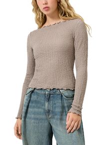 Langarmshirt QS, Damen, Gr. L (40), grau braun, Web, Obermaterial: 98% Polyester, 2% Elasthan, unifarben, tailliert h&uuml;ftbedeckend, U-Boot-Ausschnitt, Shirts Langarmshirt, mit gewellten Abschl&uuml;ssen