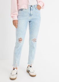 bonprix Mom-Jeans High Waist mit Destroy-Effekten, blau, Gr.36, Modische Mom-Jeans mit ausgefranstem Saum, 82% Baumwolle