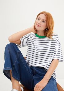T-Shirt bonprix, Damen, Gr. 40/42 (M), wei&szlig;, tiefblau, grasgr&uuml;n gestreift, Jersey, Obermaterial: 100% Baumwolle, geringelt, gestreift, oversize h&uuml;ftbedeckend, Rundhals, Shirts T-Shirt, Oversize-Passform, Halbarm-Design, mit Streifenmuster