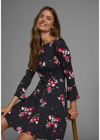 Jerseykleid Laura Scott, Damen, Gr. 48, N-Gr, schwarz (schwarz, gemustert), Jersey, Obermaterial: 95% Viskose, 5% Elasthan, gebl&uuml;mt, figurbetont kniefrei, U-Boot-Ausschnitt, Volant, Kleider Jerseykleid, festliche Anl&auml;sse, langes Kleid, elegant, aus Viskosemischung, Topseller