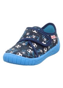 Hausschuh Superfit "BILL WMS: Mittel", M&auml;dchen, Gr. 28, blau (dunkelblau kombiniert fu&szlig;ball), Baumwolle, bedruckt, Schuhe Hausschuh, Kindergartenschuh mit Motivdruck, Gr&ouml;&szlig;enschablone zum Download