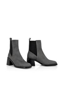 Stiefelette Marc Cain "Dodgy Dogs", Damen, Gr. 39, soft charcoal, Elastischer Einsatz, Veloursleder, unifarben mit Farbeinsatz, Schuhe Stiefelette, Boots, Schlupfstiefel mit Blockabsatz