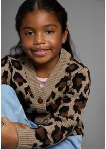 Strickjacke Kidsworld "Strickjacke mit Leo-Muster", M&auml;dchen, Gr. 140/146, gemustert leo, Feinstrick, Obermaterial: 100% Polyacryl, Basic h&uuml;ftlang, V-Ausschnitt, Rippb&uuml;ndchen, Strickjacken Strickjacke, Strickjacke in Leo-Optik