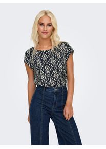 Shirtbluse Only "ONLVIC S/S AOP TOP NOOS PTM", Damen, Gr. 40, total eclipse aop:felina simple etchnic, Web, Obermaterial: 97% Polyester, 3% Elasthan, bedruckt, regular fit h&uuml;ftlang, Rundhals, Blusen Shirtbluse, mit Allover Druck