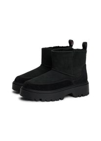 Winterboots Tommy Hilfiger "REAL SHEARLING PULLON SNOWBOOT", Damen, Gr. 38, schwarz, Veloursleder, unifarben, Schuhe Winterboots, Plateau, Schlupfboots mit abgesteppter Ziernaht