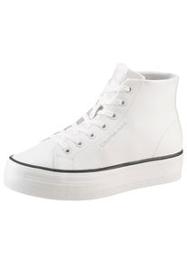 Plateausneaker Calvin Klein Jeans "BOLD VULC FLATF MID LTH IN", Damen, Gr. 39, schwarz-wei&szlig; (wei&szlig;, schwarz), Leder, unifarben mit Farbeinsatz, Schuhe Plateausneaker, High Top Sneaker, Schn&uuml;rboots mit CK Logo an der Ferse