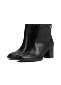 Stiefelette Tommy Hilfiger "STACKED HEEL LEATHER ANKLE BOOT", Damen, Gr. 36, schwarz, Glattleder, Schuhe Stiefelette, Blockabsatz, Ankleboots, Businessschuh, goldfarbenes Schmuckelement