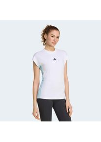 T-Shirt adidas Sportswear "ESSENTIALS 3-STREIFEN SINGLE JERSEY", Damen, Gr. L, wei&szlig;, icey blau, Obermaterial: 100% Baumwolle, normal, Rundhals, Shirts T-Shirt