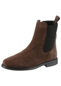 Chelseaboots Tommy Hilfiger "FLAG SUEDE CHELSEA BOOT", Damen, Gr. 37, braun (dunkelbraun), Elastischer Einsatz, Veloursleder, Schuhe Chelseaboots, Stiefelette, Businessschuh mit Hardcover-Flagge an der Ferse