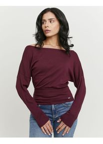 Langarmshirt Tally Weijl "STSCOWASTA", Damen, Gr. XS, midnight burgundy, Jersey, Obermaterial: 50% Baumwolle, 45% Modal, 5% Elasthan, unifarben, bequem normal, U-Boot-Ausschnitt, Shirts Langarmshirt, U-Boot-Ausschnitt, Fledermaus&auml;rmel und breitem, eng anliegendem Bund