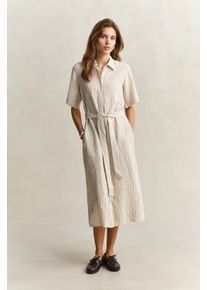 Hemdblusenkleid Gant "STRIPED LINEN", Damen, Gr. 42, N-Gr, oat beige, Web, Obermaterial: 100% Leinen, gestreift, regular fit wadenlang, Rundhals, eingesetzt gerader Abschluss, Kleider Hemdblusenkleid, Regular fit mit Bindeg&uuml;rtel