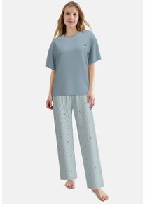 Pyjama Tom Tailor, Damen, Gr. 36, blau, mittel, streifen, Single Jersey, Obermaterial: 95% Baumwolle, 5% Elasthan, bequem, Rundhals, Homewear-Sets Pyjama, atmungsaktiv, Viskosemix