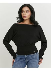 Langarmshirt Tally Weijl "STSCOWASTA", Damen, Gr. XS, schwarz, Jersey, Obermaterial: 50% Baumwolle, 45% Modal, 5% Elasthan, unifarben, bequem normal, U-Boot-Ausschnitt, Shirts Langarmshirt, U-Boot-Ausschnitt, Fledermaus&auml;rmel und breitem, eng anliegendem Bund